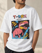 Close-up of the T-Rex Ancient Archives print on a white oversized French terry T-shirt