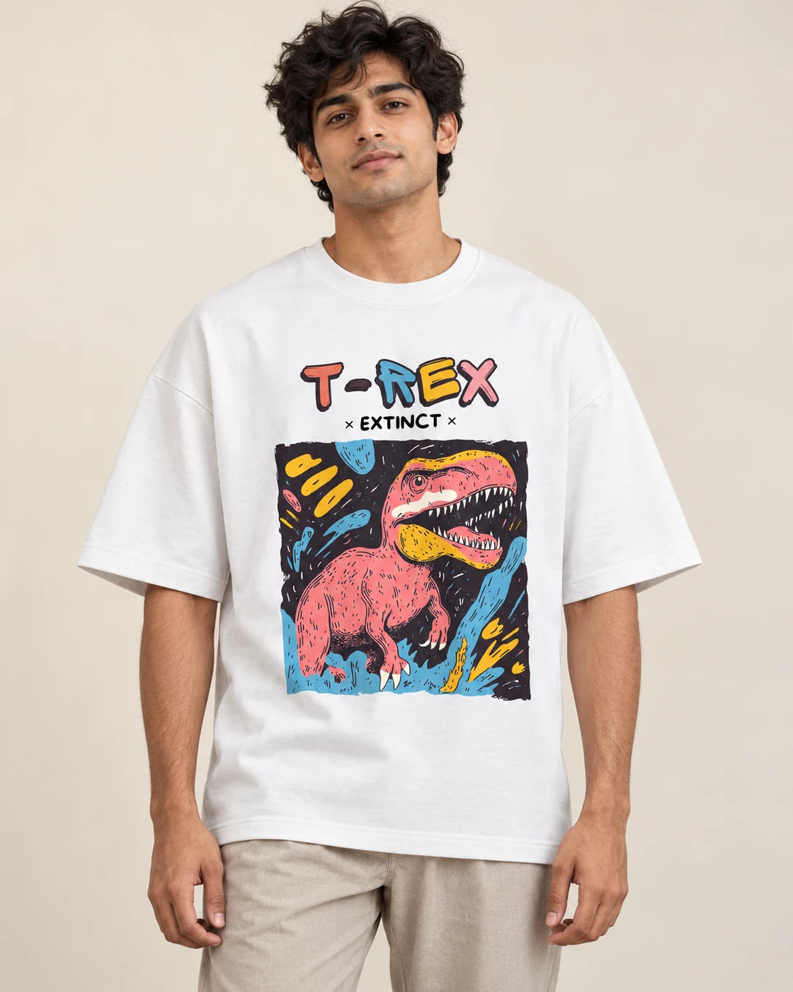 T-Rex white oversized French terry T-shirt from the Ancient Archives collection by Fourth Dimension Club, front view on model