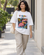 Model wearing the T-Rex white oversized French terry T-shirt on a city street, Fourth Dimension Club