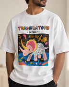 Close-up of the Triceratops Ancient Archives print on a white oversized French terry T-shirt