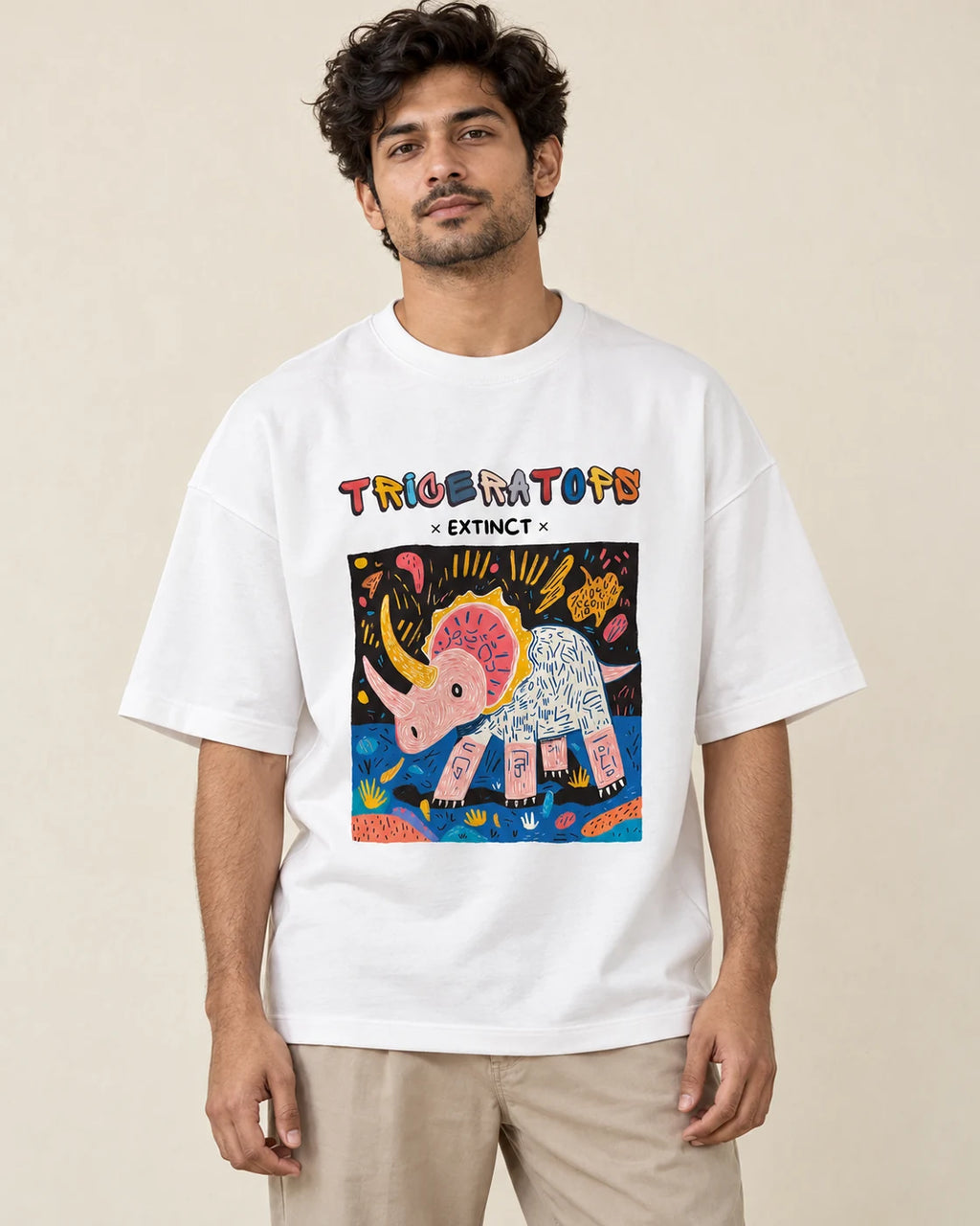 Triceratops white oversized French terry T-shirt from the Ancient Archives collection by Fourth Dimension Club, front view on model