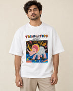Triceratops white oversized French terry T-shirt from the Ancient Archives collection by Fourth Dimension Club, front view on model