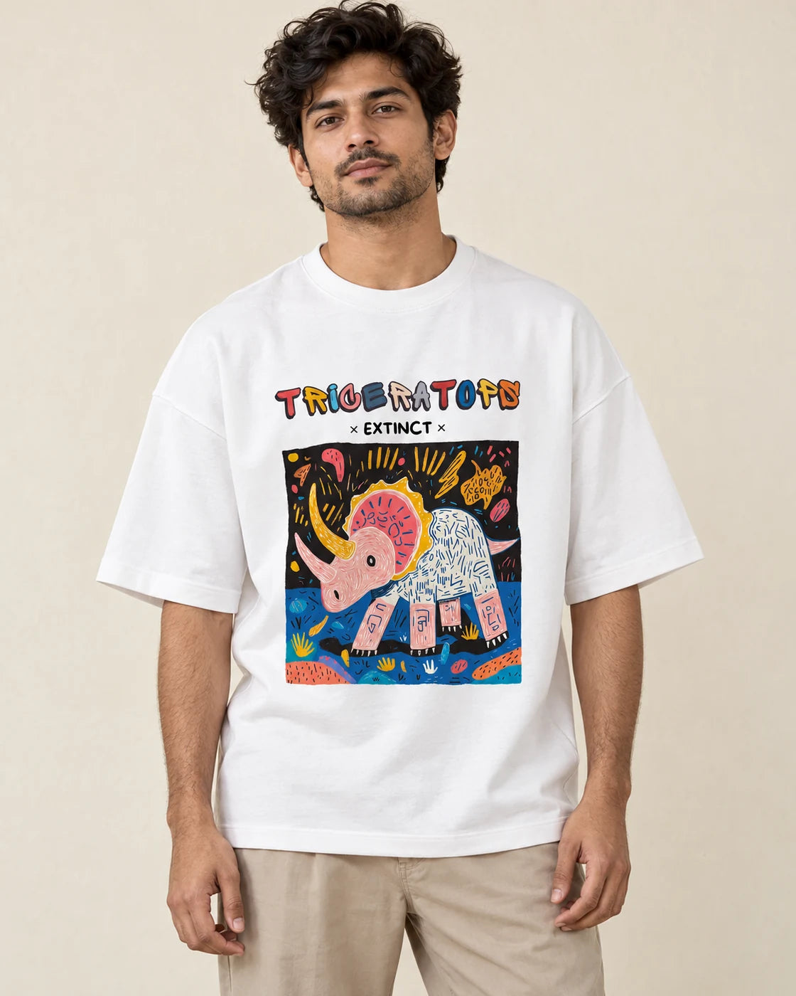 Triceratops white oversized French terry T-shirt from the Ancient Archives collection by Fourth Dimension Club, front view on model