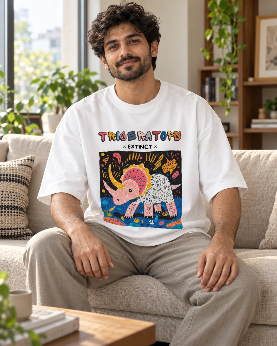 Model wearing the Triceratops white oversized French terry T-shirt seated on a sofa, Fourth Dimension Club