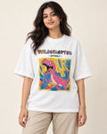 Velociraptor white oversized French terry T-shirt from the Ancient Archives collection by Fourth Dimension Club, front view on model
