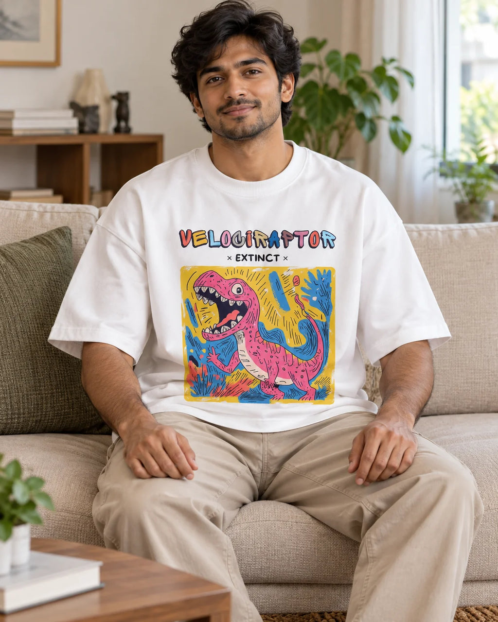 Model wearing the Velociraptor white oversized French terry T-shirt seated on a sofa, Fourth Dimension Club