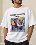 Close-up of the Woolly Mammoth Ancient Archives print on a white oversized French terry T-shirt