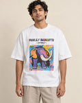 Woolly Mammoth white oversized French terry T-shirt from the Ancient Archives collection by Fourth Dimension Club, front view on model