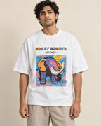 Woolly Mammoth white oversized French terry T-shirt from the Ancient Archives collection by Fourth Dimension Club, front view on model