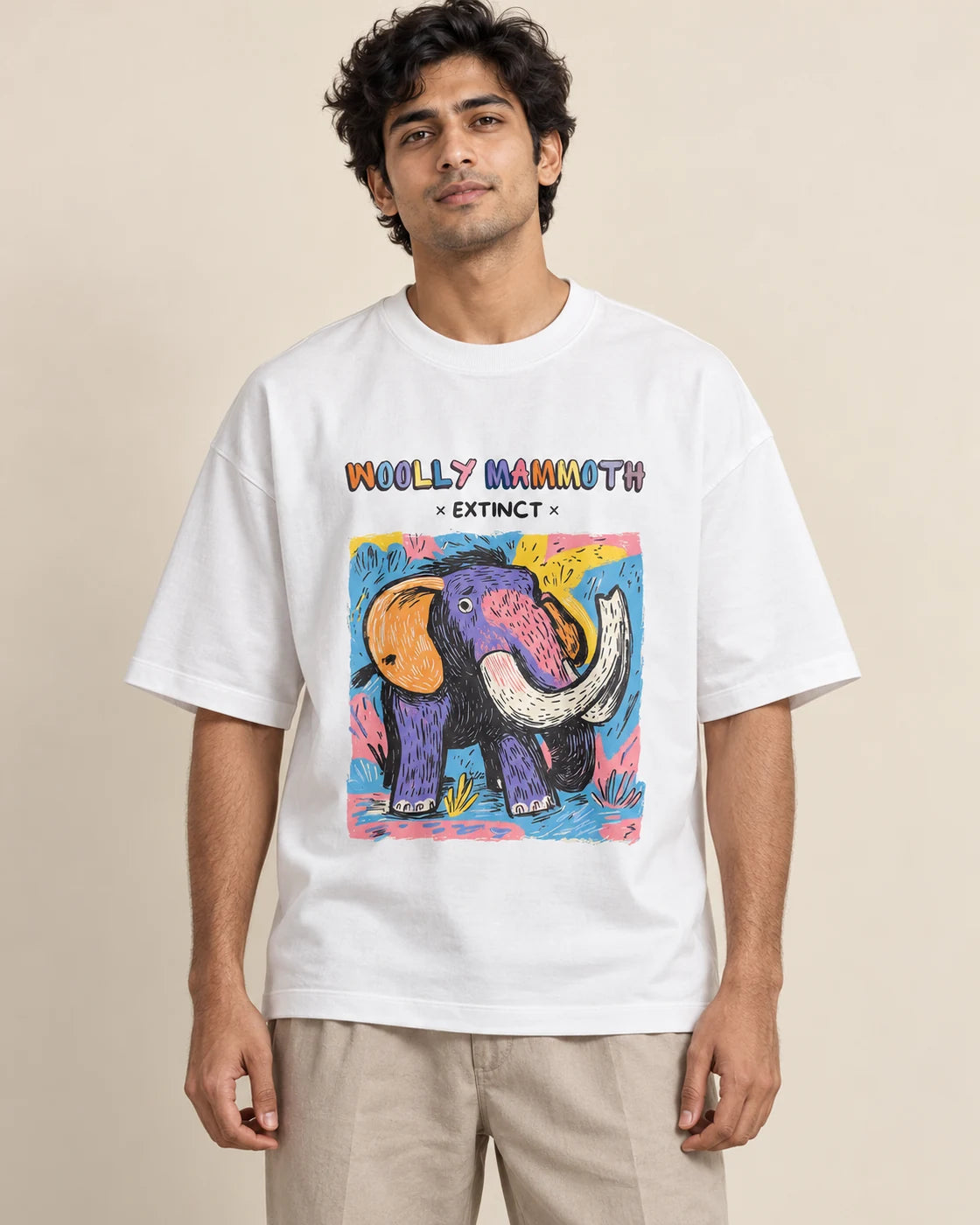 Woolly Mammoth white oversized French terry T-shirt from the Ancient Archives collection by Fourth Dimension Club, front view on model