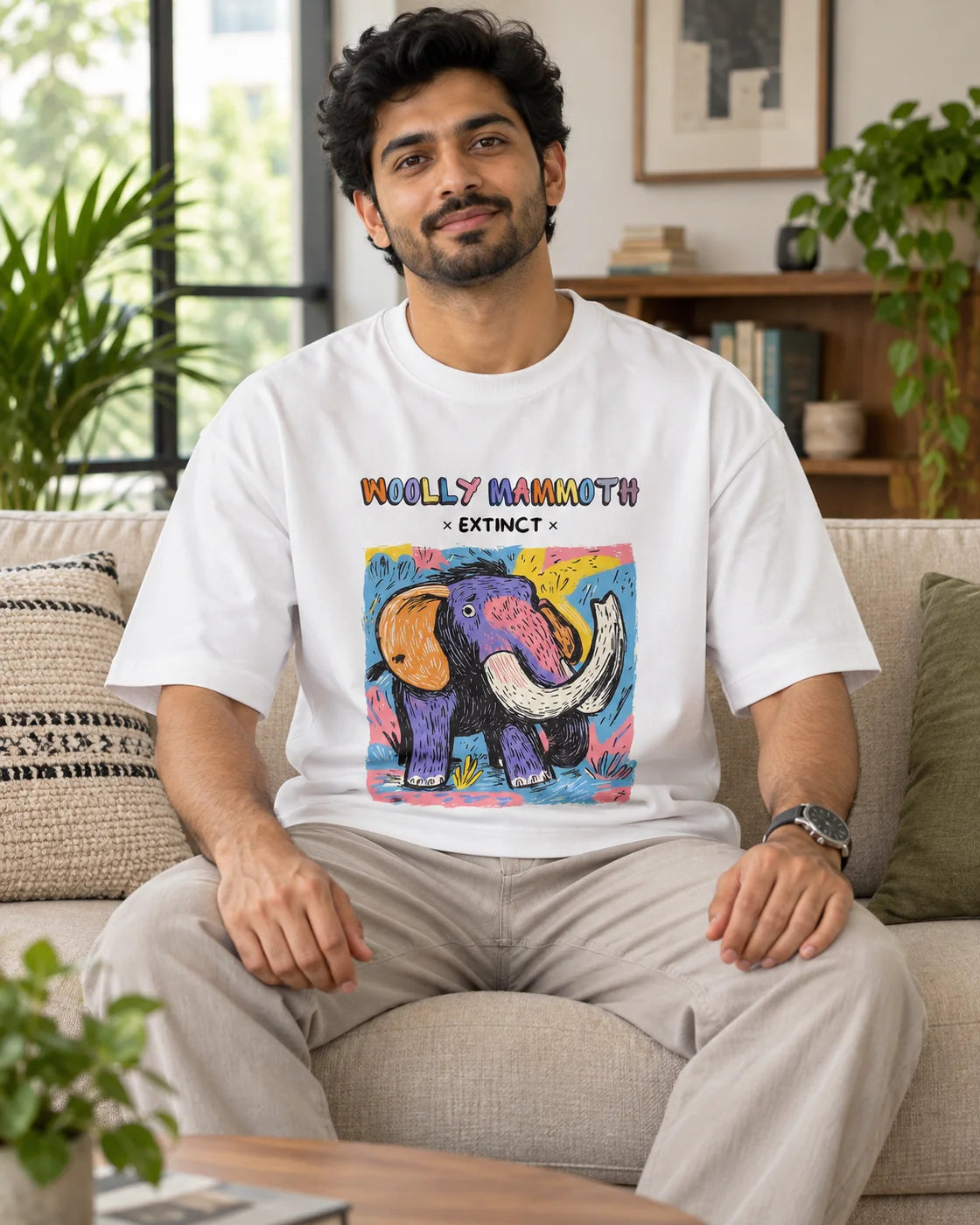 Model wearing the Woolly Mammoth white oversized French terry T-shirt seated on a sofa, Fourth Dimension Club