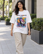 Model wearing the Woolly Mammoth white oversized French terry T-shirt on a city street, Fourth Dimension Club