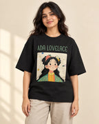 Ada Lovelace Genius Doodles oversized French terry T-shirt by Fourth Dimension Club, front view on model