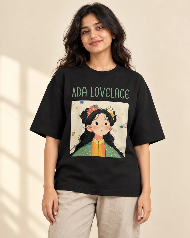 Ada Lovelace Genius Doodles oversized French terry T-shirt by Fourth Dimension Club, front view on model