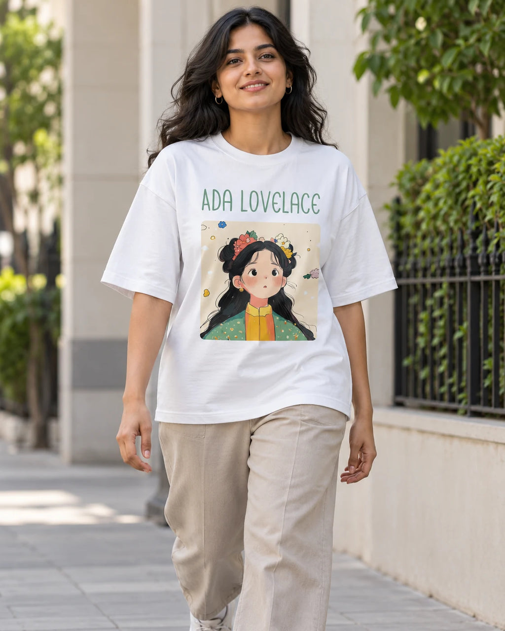 Model wearing the Ada Lovelace Genius Doodles oversized French terry T-shirt by Fourth Dimension Club on a city street