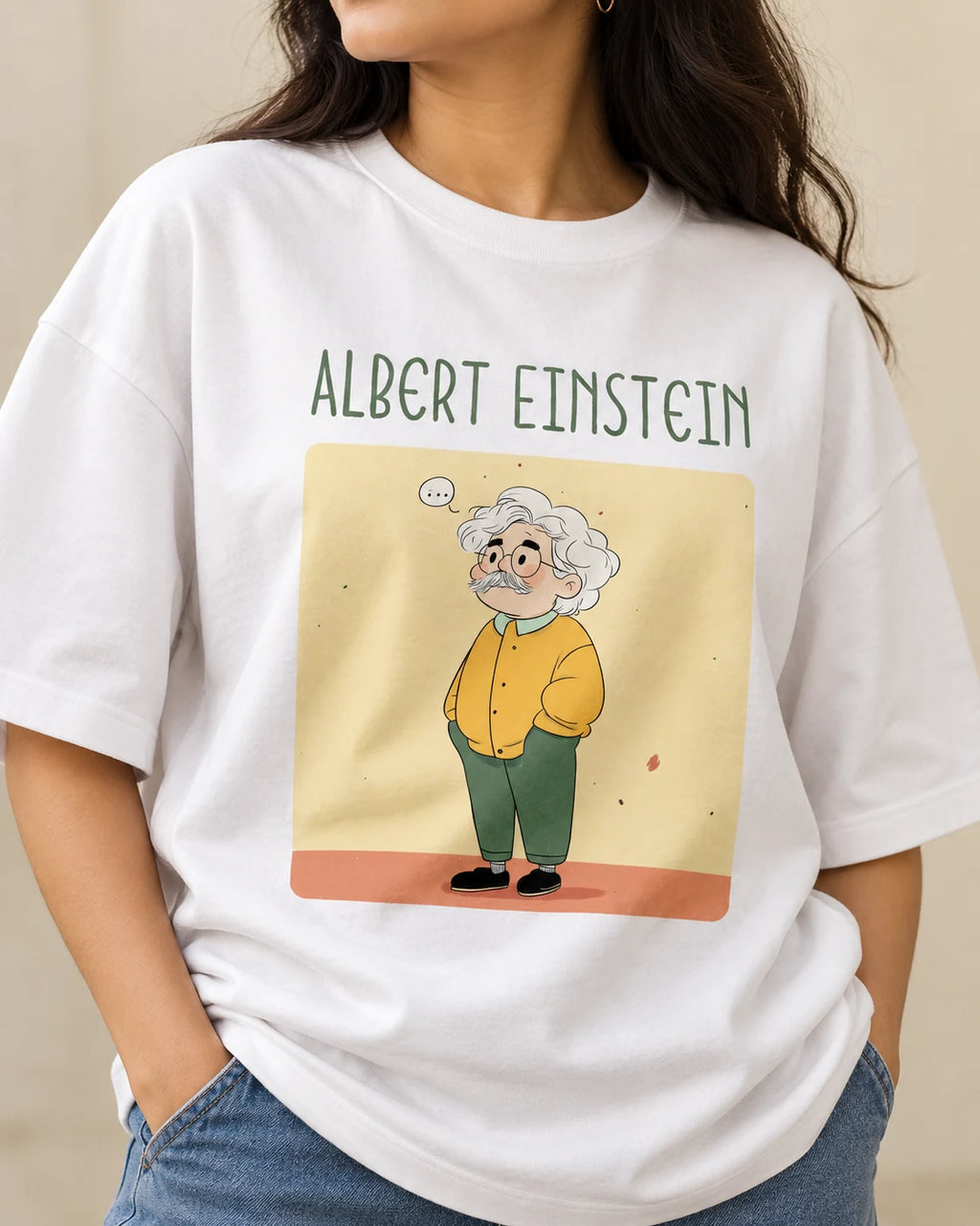 Close-up of the Albert Einstein Genius Doodles print on an oversized French terry T-shirt