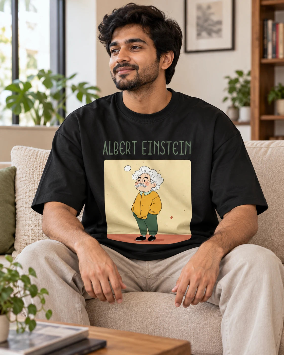 Model wearing the Albert Einstein Genius Doodles oversized French terry T-shirt by Fourth Dimension Club, seated on a sofa