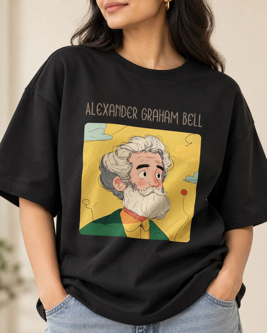Close-up of the Alexander Graham Bell Genius Doodles print on an oversized French terry T-shirt
