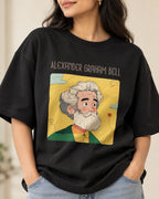 Close-up of the Alexander Graham Bell Genius Doodles print on an oversized French terry T-shirt