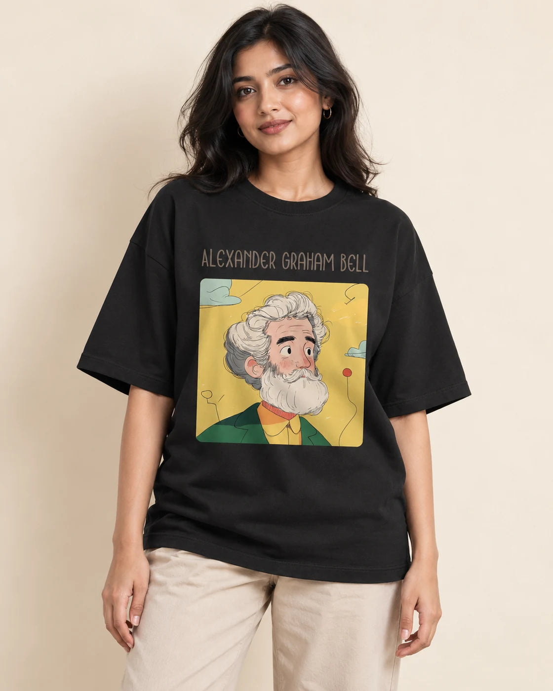 Alexander Graham Bell Genius Doodles oversized French terry T-shirt by Fourth Dimension Club, front view on model