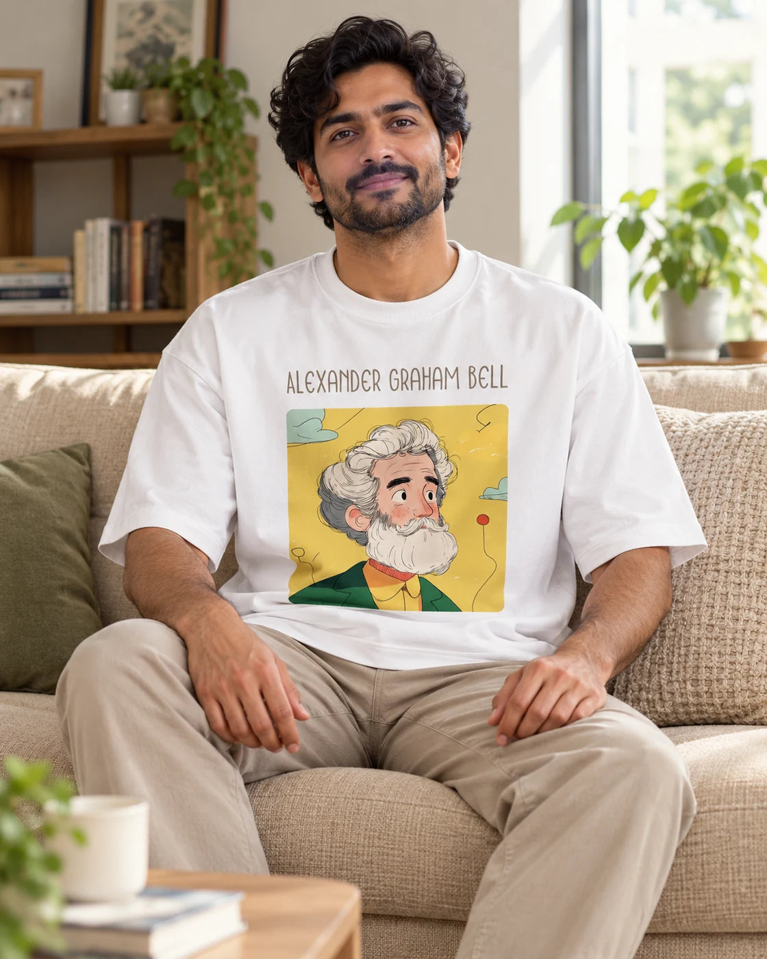 Model wearing the Alexander Graham Bell Genius Doodles oversized French terry T-shirt by Fourth Dimension Club, seated on a sofa