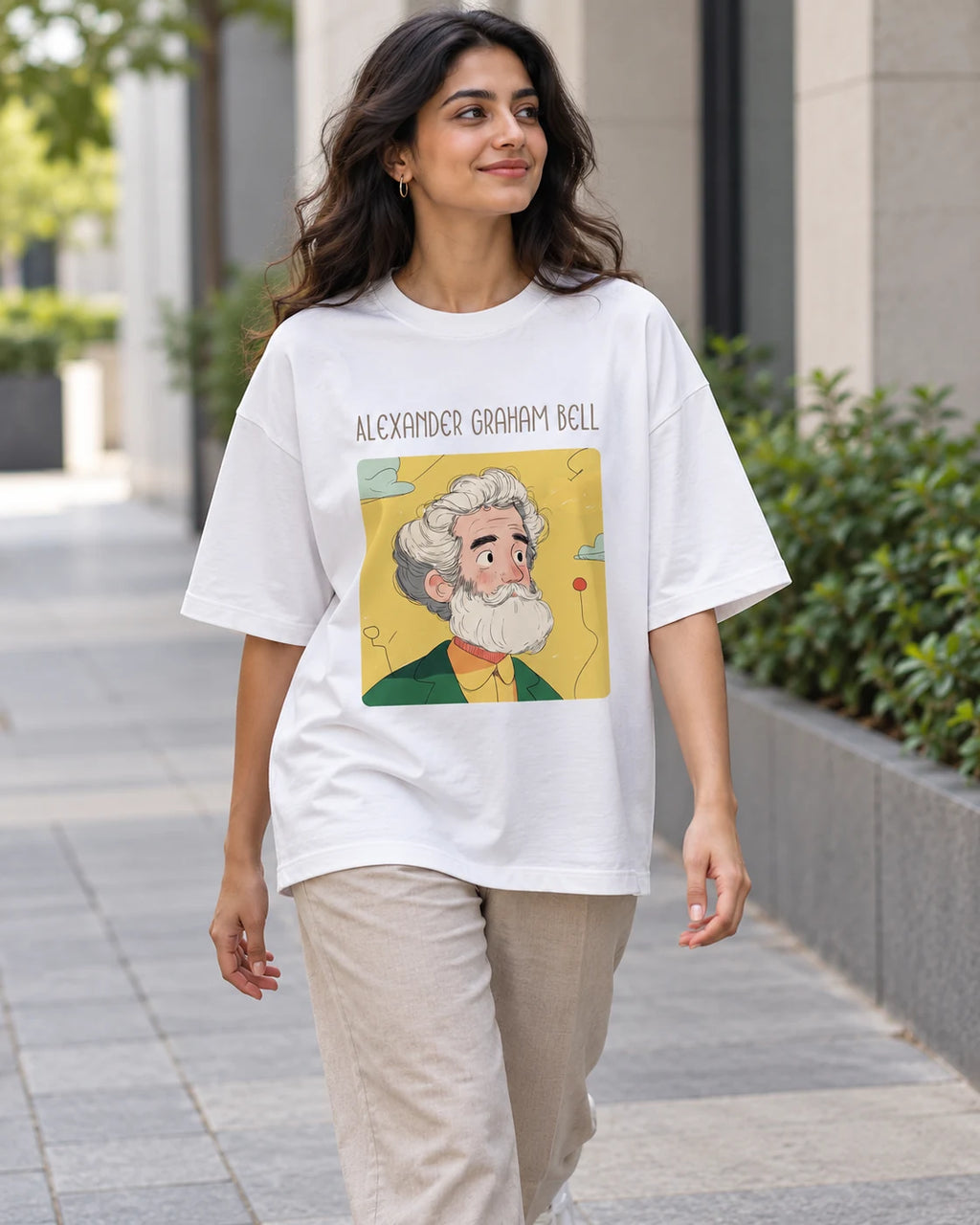 Model wearing the Alexander Graham Bell Genius Doodles oversized French terry T-shirt by Fourth Dimension Club on a city street