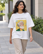 Model wearing the Alexander Graham Bell Genius Doodles oversized French terry T-shirt by Fourth Dimension Club on a city street