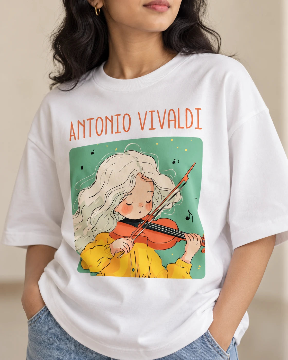 Close-up of the Antonio Vivaldi Genius Doodles print on an oversized French terry T-shirt
