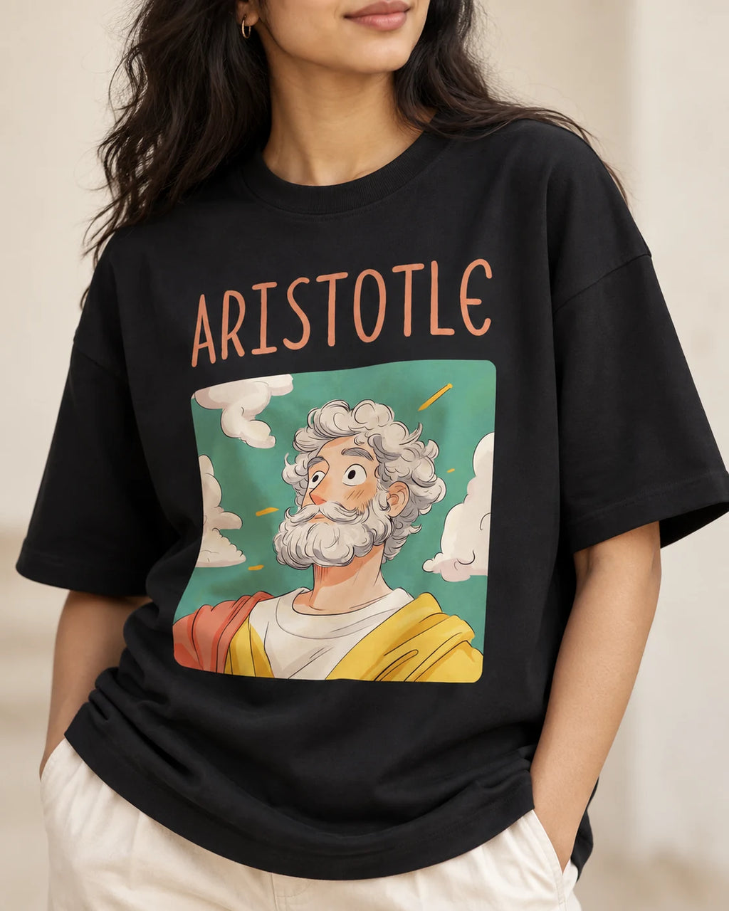 Close-up of the Aristotle Genius Doodles print on an oversized French terry T-shirt