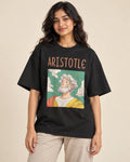 Aristotle Genius Doodles oversized French terry T-shirt by Fourth Dimension Club, front view on model