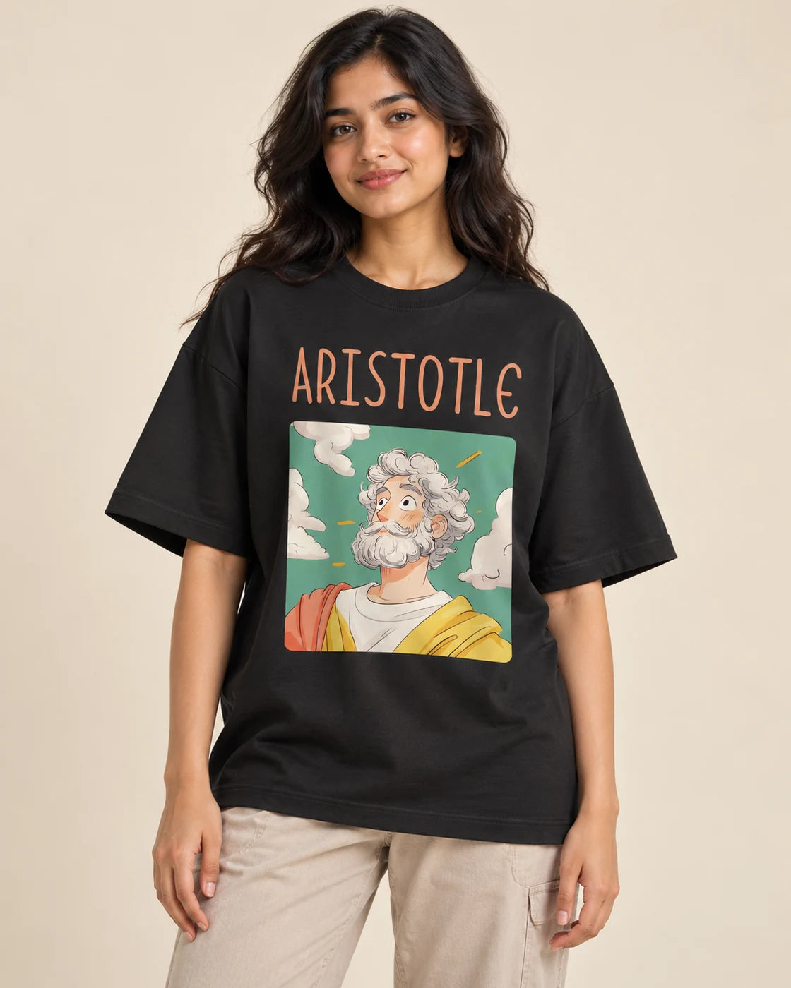 Aristotle Genius Doodles oversized French terry T-shirt by Fourth Dimension Club, front view on model