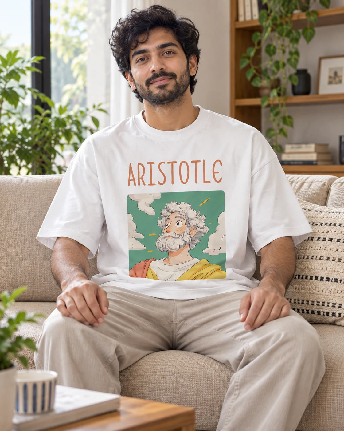 Model wearing the Aristotle Genius Doodles oversized French terry T-shirt by Fourth Dimension Club, seated on a sofa