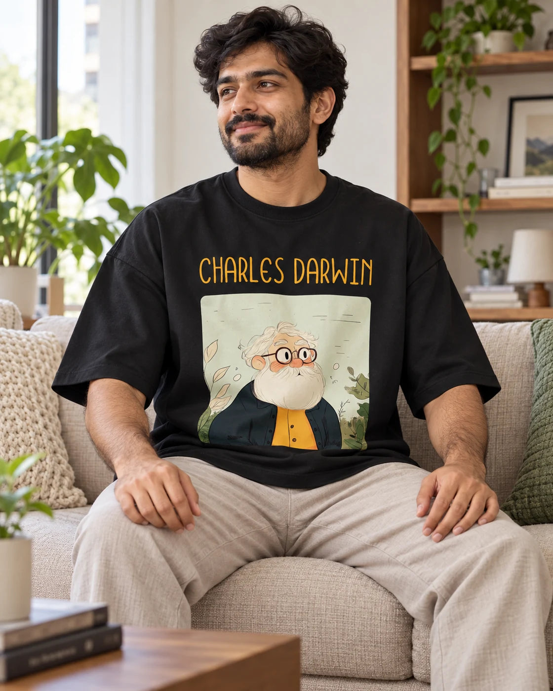 Model wearing the Charles Darwin Genius Doodles oversized French terry T-shirt by Fourth Dimension Club, seated on a sofa