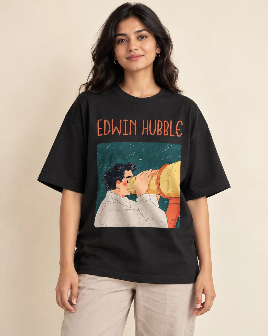 Edwin Hubble Genius Doodles oversized French terry T-shirt by Fourth Dimension Club, front view on model