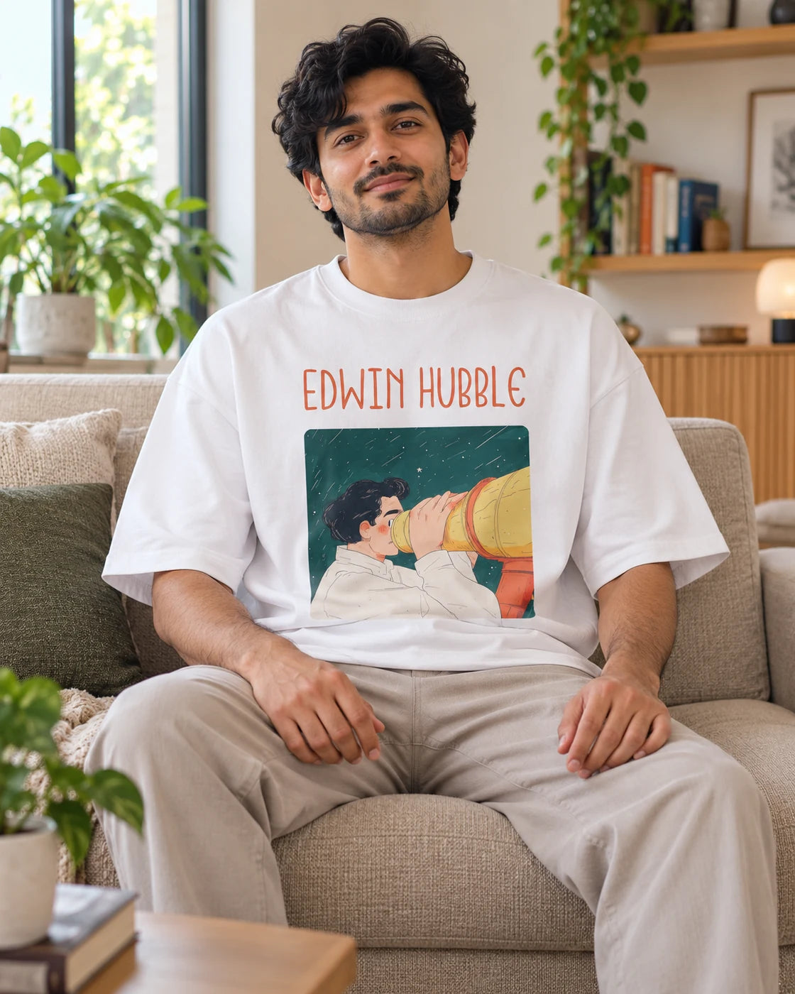 Model wearing the Edwin Hubble Genius Doodles oversized French terry T-shirt by Fourth Dimension Club, seated on a sofa