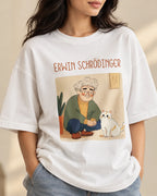 Close-up of the Erwin Schrödinger Genius Doodles print on an oversized French terry T-shirt