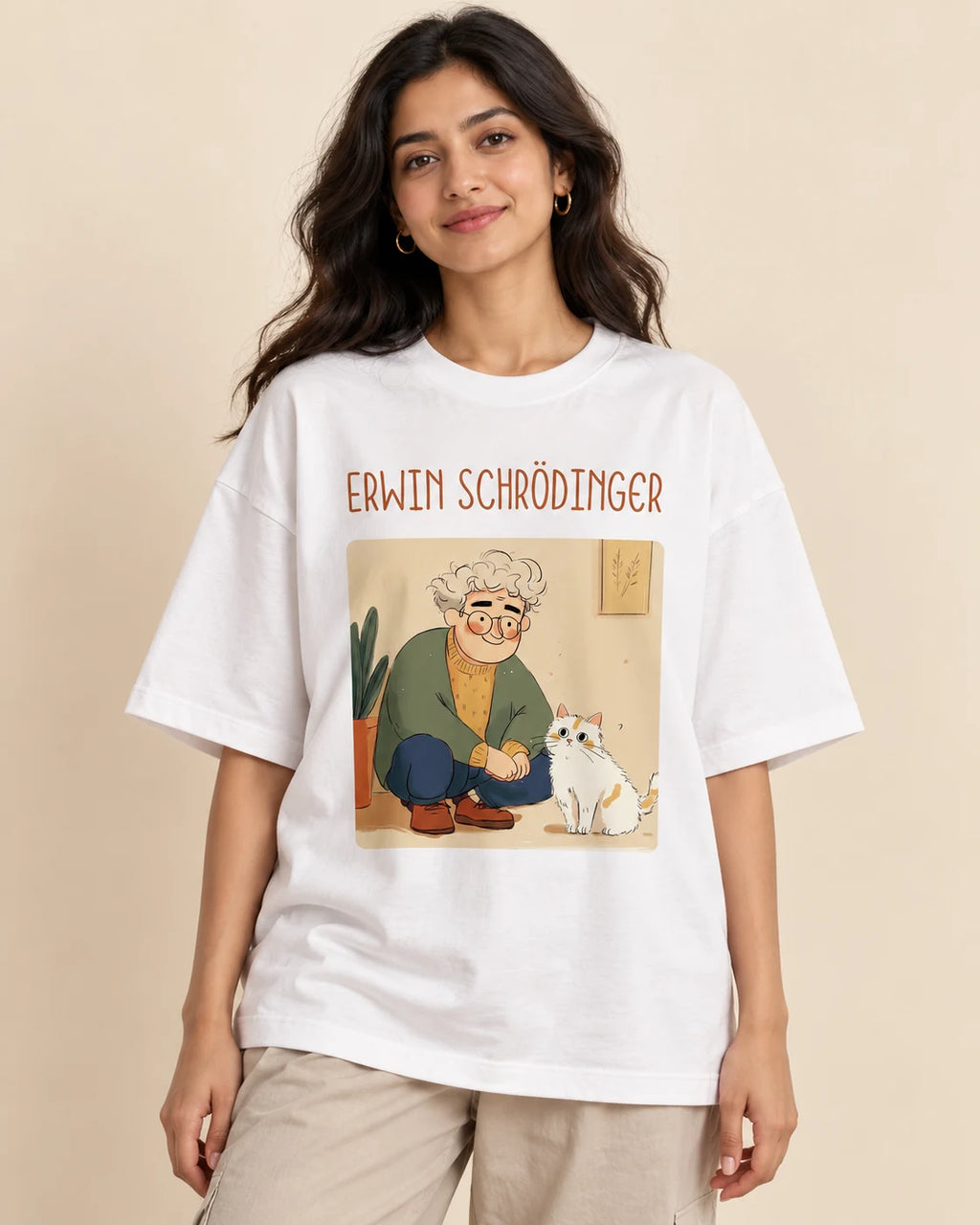 Erwin Schrödinger Genius Doodles oversized French terry T-shirt by Fourth Dimension Club, front view on model