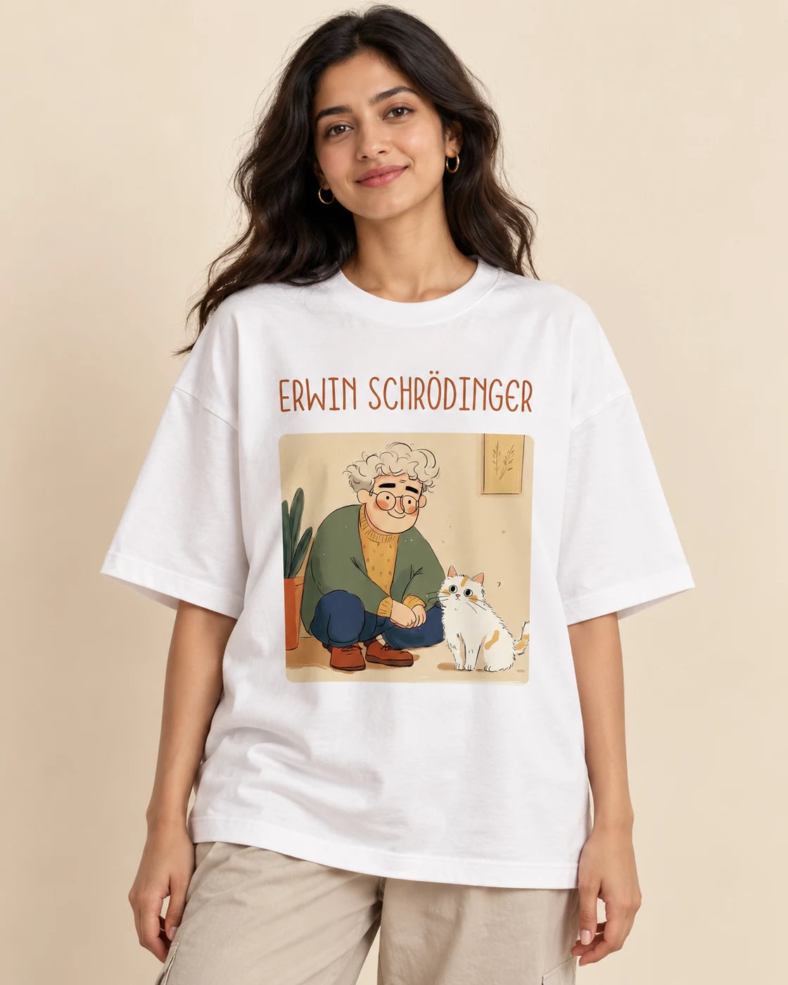 Erwin Schrödinger Genius Doodles oversized French terry T-shirt by Fourth Dimension Club, front view on model