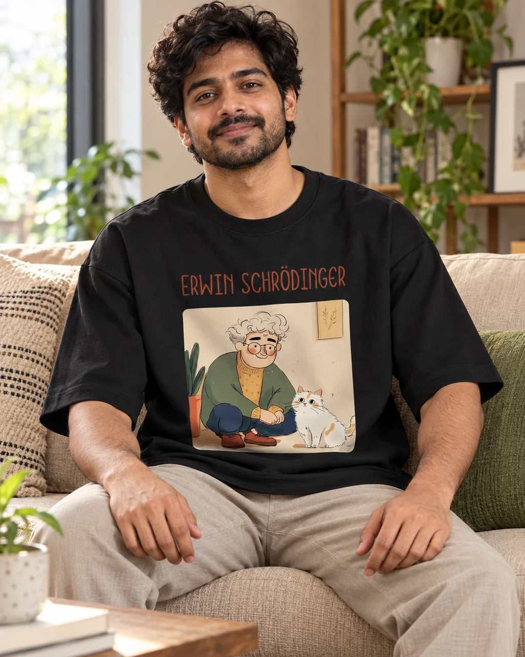 Model wearing the Erwin Schrödinger Genius Doodles oversized French terry T-shirt by Fourth Dimension Club, seated on a sofa