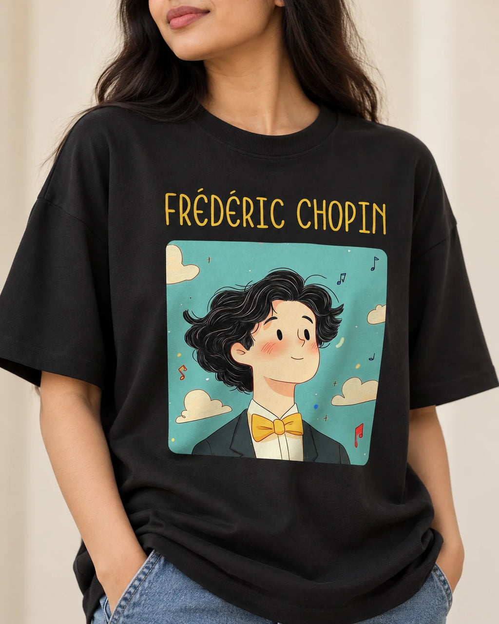 Close-up of the Frédéric Chopin Genius Doodles print on an oversized French terry T-shirt