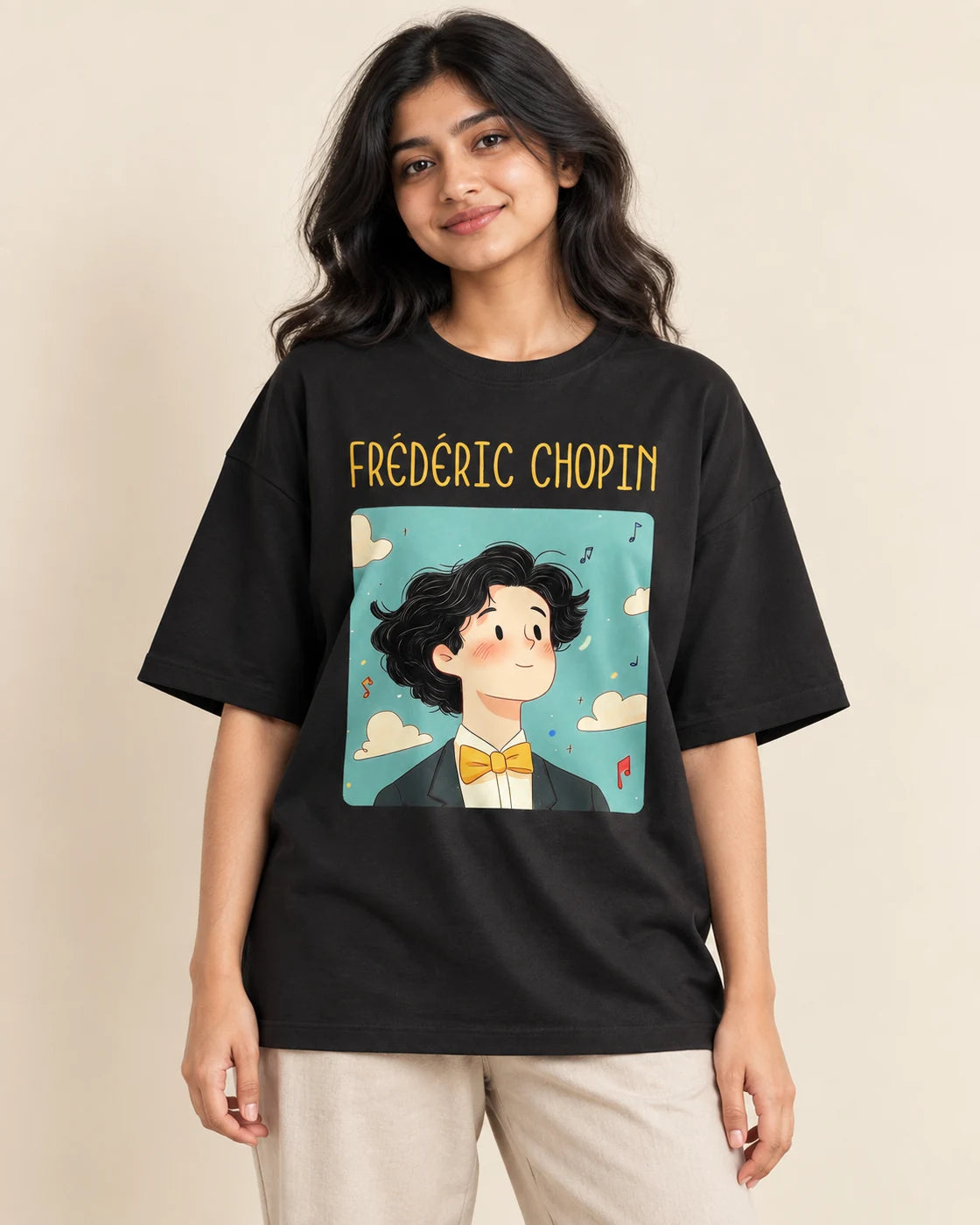Frédéric Chopin Genius Doodles oversized French terry T-shirt by Fourth Dimension Club, front view on model