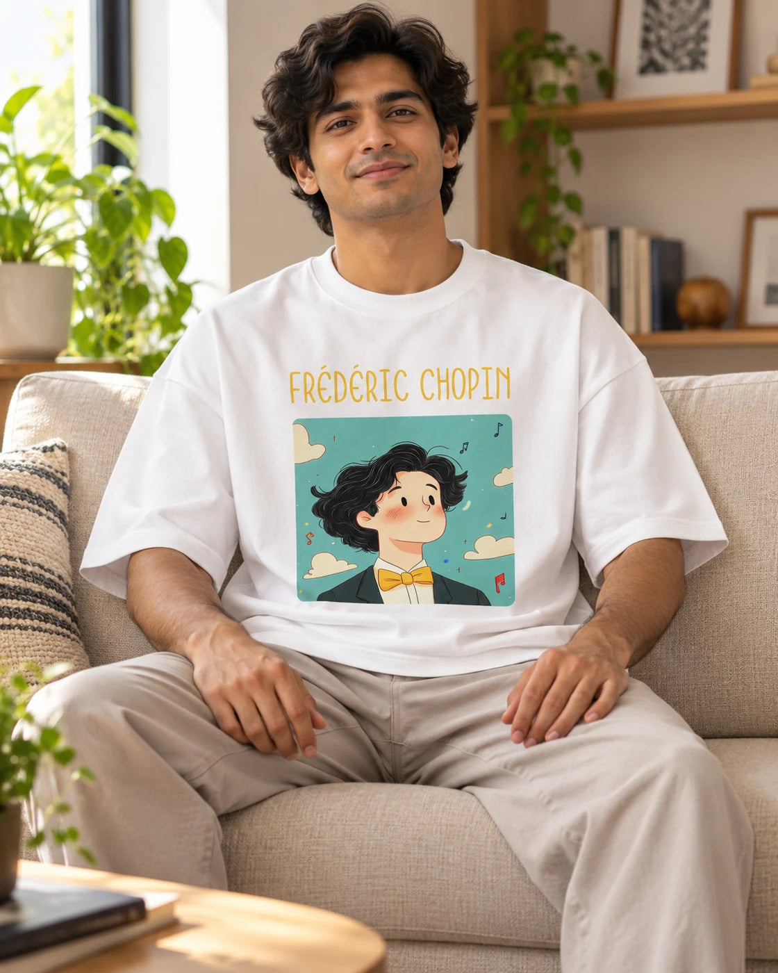 Model wearing the Frédéric Chopin Genius Doodles oversized French terry T-shirt by Fourth Dimension Club, seated on a sofa