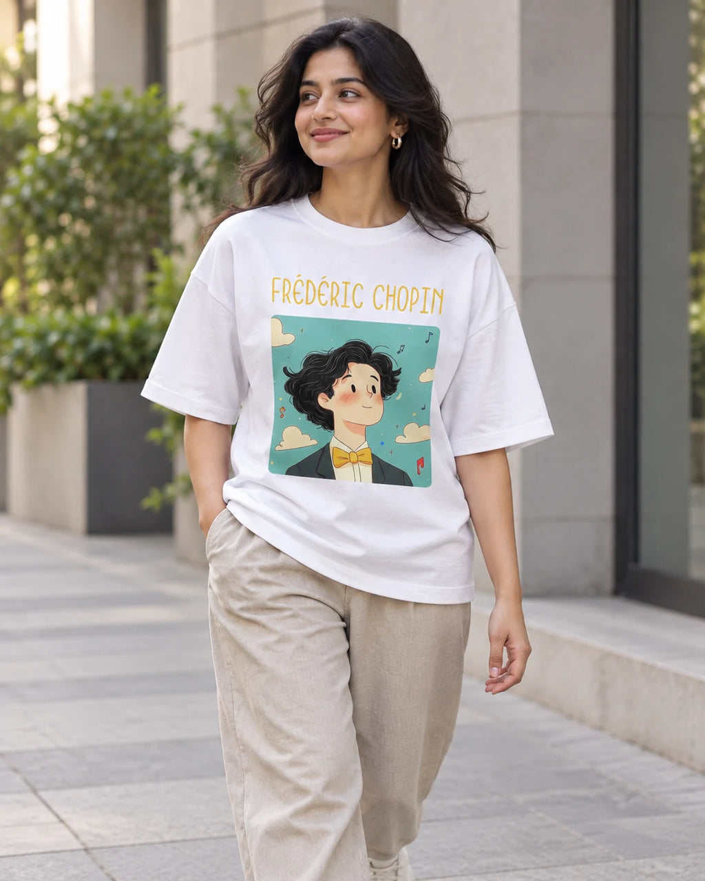 Model wearing the Frédéric Chopin Genius Doodles oversized French terry T-shirt by Fourth Dimension Club on a city street