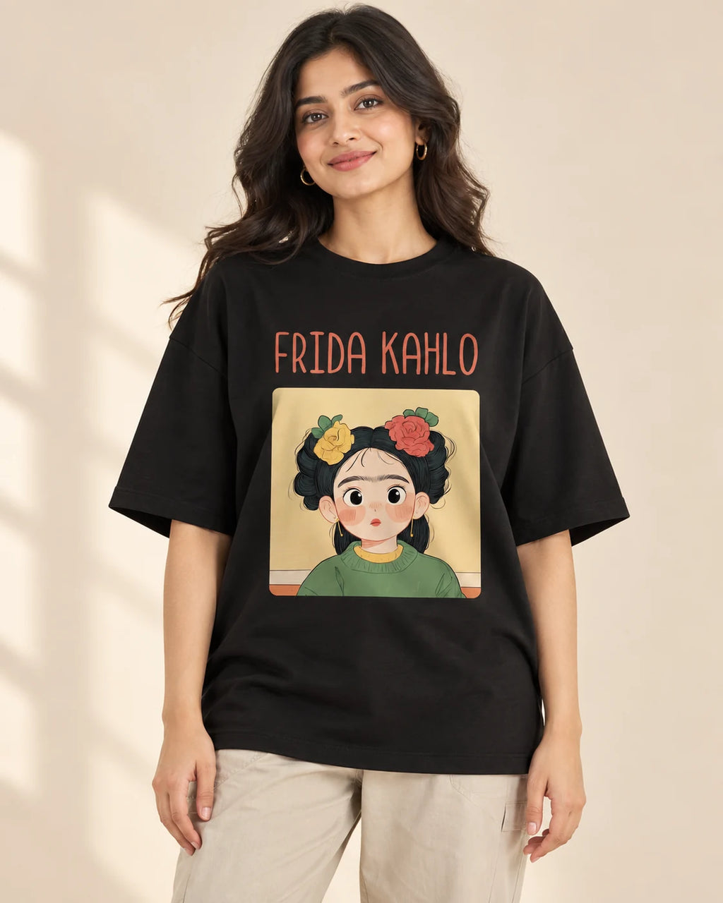 Frida Kahlo Genius Doodles oversized French terry T-shirt by Fourth Dimension Club, front view on model