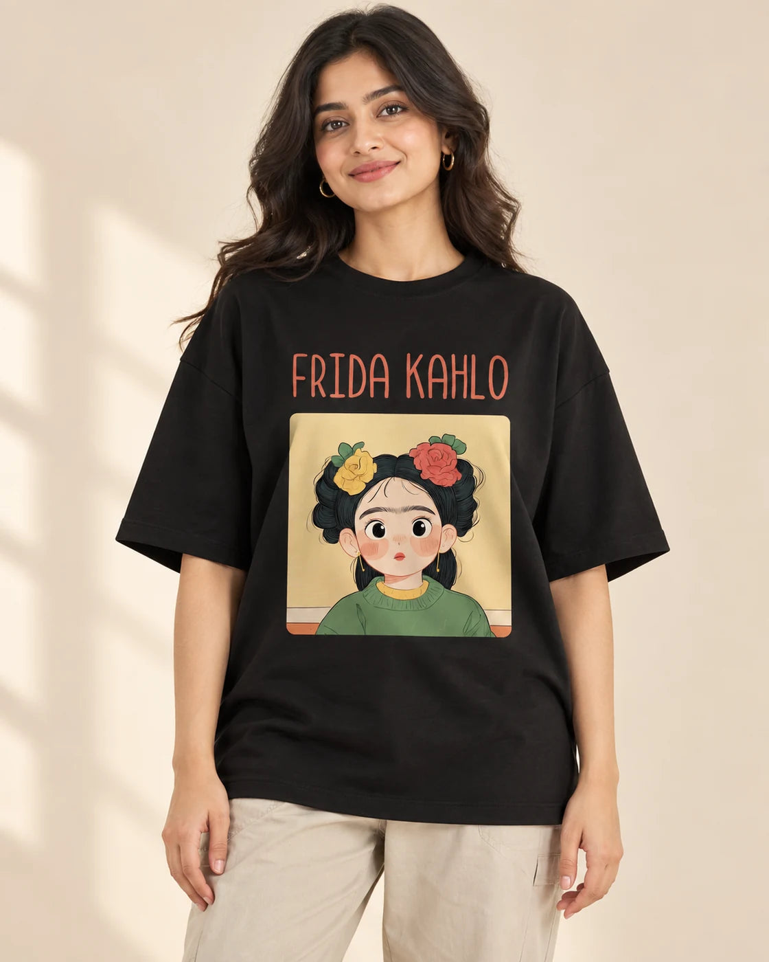 Frida Kahlo Genius Doodles oversized French terry T-shirt by Fourth Dimension Club, front view on model