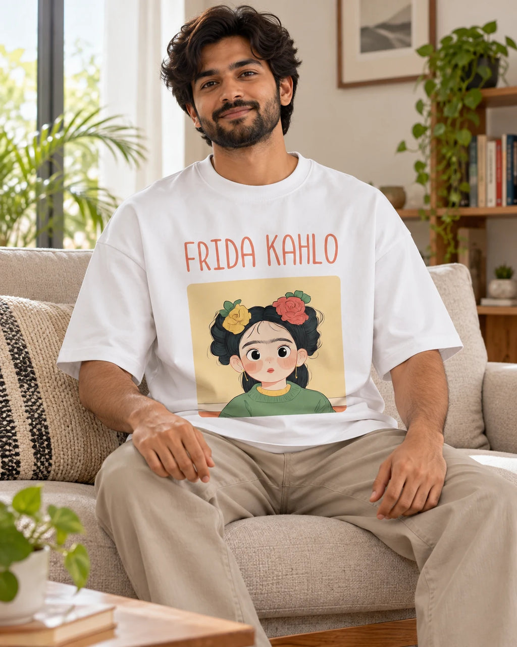 Model wearing the Frida Kahlo Genius Doodles oversized French terry T-shirt by Fourth Dimension Club, seated on a sofa