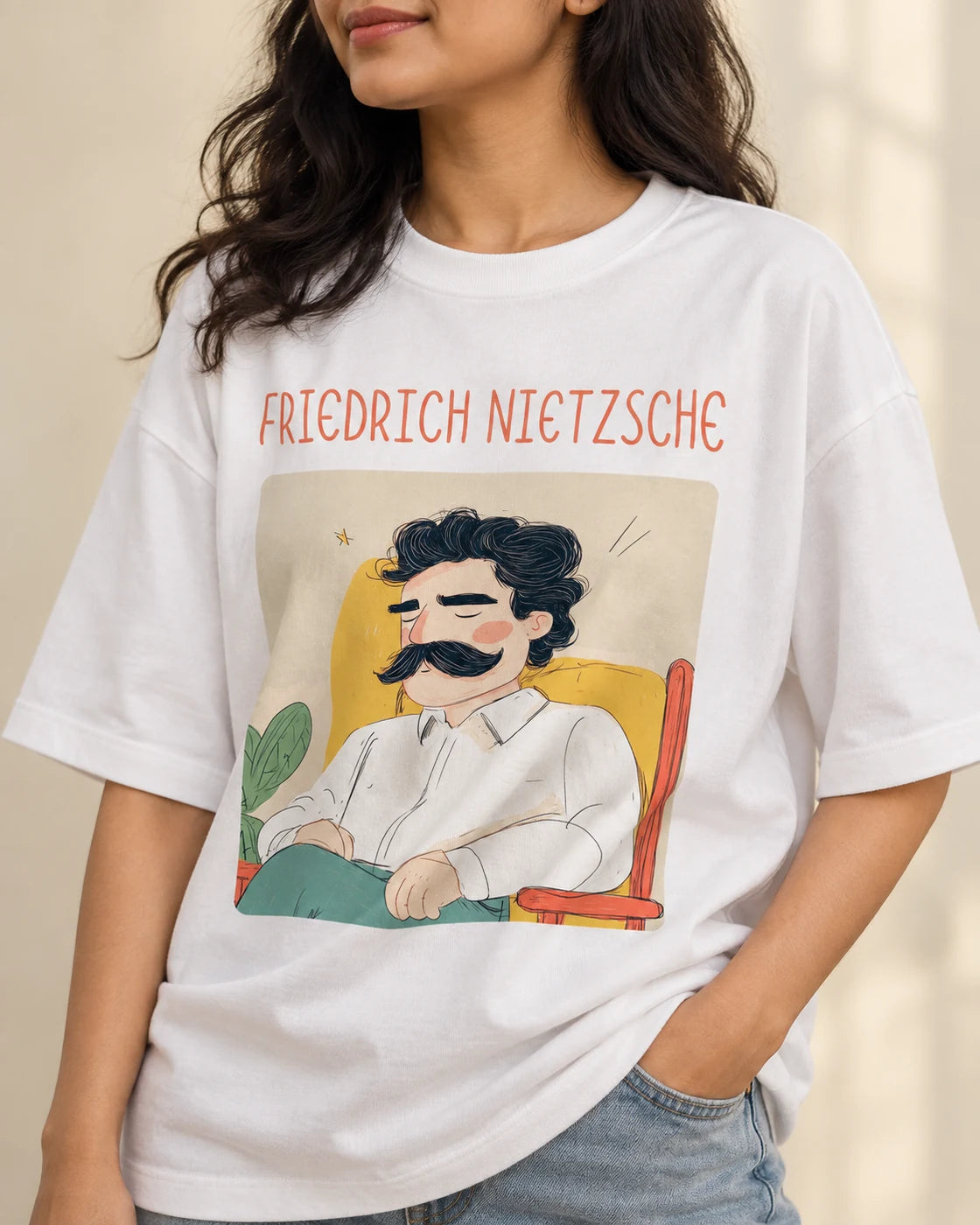 Close-up of the Friedrich Nietzsche Genius Doodles print on an oversized French terry T-shirt