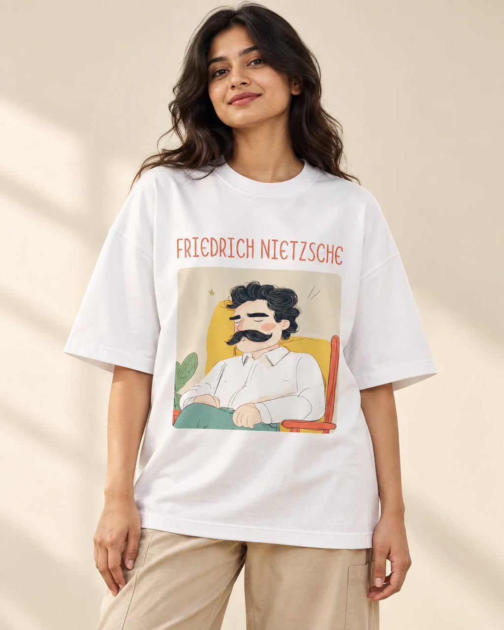 Friedrich Nietzsche Genius Doodles oversized French terry T-shirt by Fourth Dimension Club, front view on model