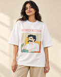Friedrich Nietzsche Genius Doodles oversized French terry T-shirt by Fourth Dimension Club, front view on model