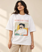 Friedrich Nietzsche Genius Doodles oversized French terry T-shirt by Fourth Dimension Club, front view on model